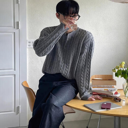 Semir Heavy Industry Knitted Twist Henley Neck Sweater Men's Spring and Autumn New Korean Style Lazy Loose Pullover Sweater Gray Gray XL