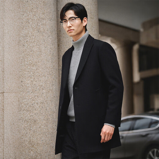 Angel Bird mid-length woolen coat men's business casual pure wool coat KEBS253031U Obsidian Black L-48