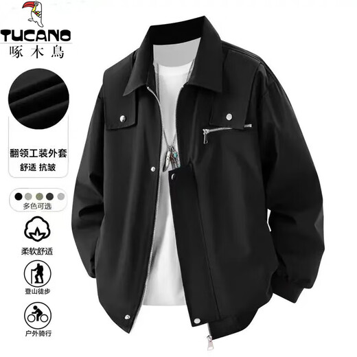 Woodpecker Jacket Men's Autumn and Winter Trendy American Loose Workwear Flight Jacket Men's Lapel Versatile Casual Top Black XL