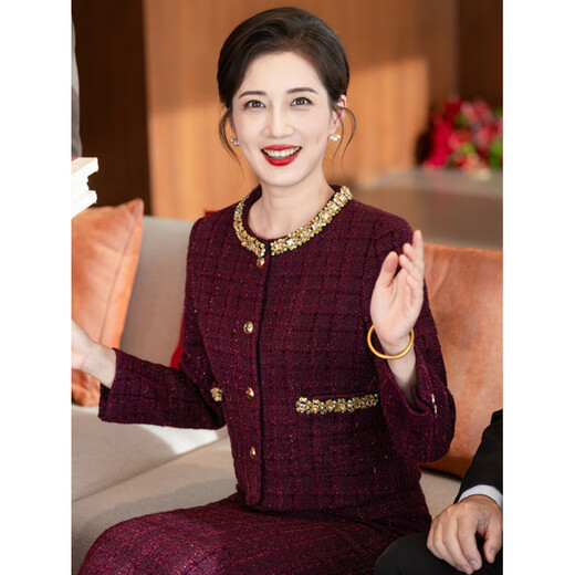 Wind top and skirt suit 2025 new style light luxury autumn and winter wedding dress for mom high burgundy_6407 2XL