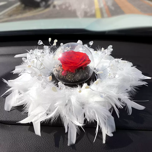 Yusenyi new white car ornaments creative rose feather car anti-slip mat center console car interior decoration dry rose black + white bubble double layer large feather cushion large + wedding dress party