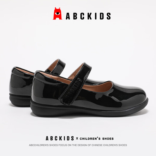 ABC KIDS autumn children's small leather shoes soft sole performance shoes girls princess shoes black flat casual shoes black mirror 32