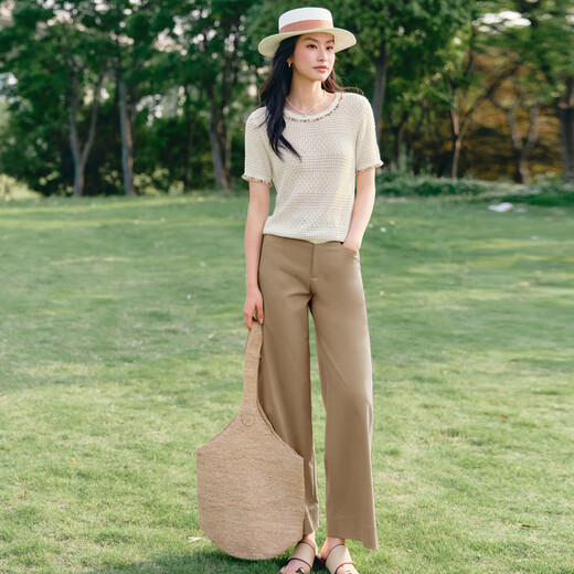 Evely Jiang Xin respalda la nueva ropa de verano 2025 Nuevos pantalones de pierna recta de nueve puntos para mujeres que viajan con pantalones de traje transpirable Ligero de trabajo Versátil Caki M 105-115Jin [Jin equivale a 0.5 kg]