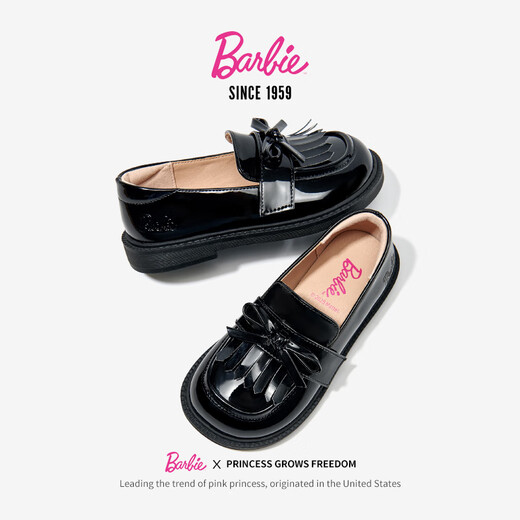 Barbie Girls Leather Shoes Spring and Autumn Little Girls Black Leather Shoes Girls Loafers Soft Soled Small Leather Shoes DA6720 Black 36