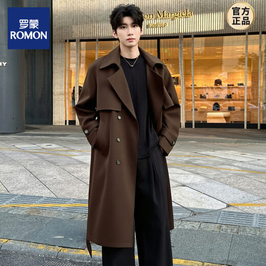 ROMON 2025 new mid-length men's windbreaker large size loose suit collar coat double-breasted over-the-knee coat tea coffee color XL 150-170Jin Jin is equal to about 0.5 kg