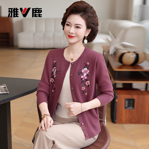 Yalu 100% sheep sweater women's cardigan mother's wear new winter style middle-aged and elderly temperament knitted warm sweater jacket for women