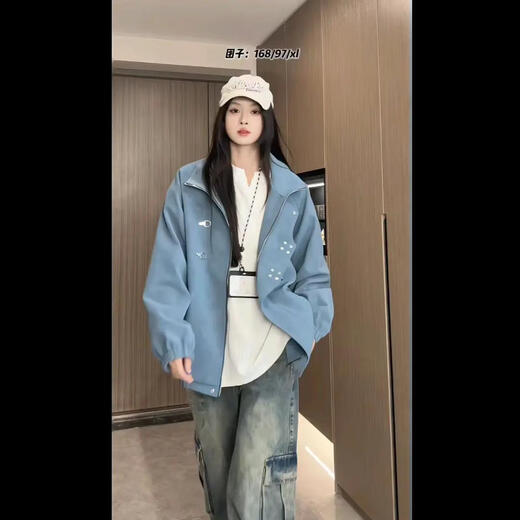 NYING American tie-dye pu leather jacket men's 25 autumn new high street fashion brand stand collar casual jacket handsome loose top gray L (130-150Jin Jin equals 0.5 kg)