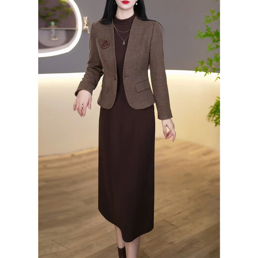 Pierre Cardin elegant thickened two-piece dress for women 2025 autumn and winter new lady mother dress suit skirt coffee color two-piece suit L recommended 101-110 Jin Jin equals 0.5 kg
