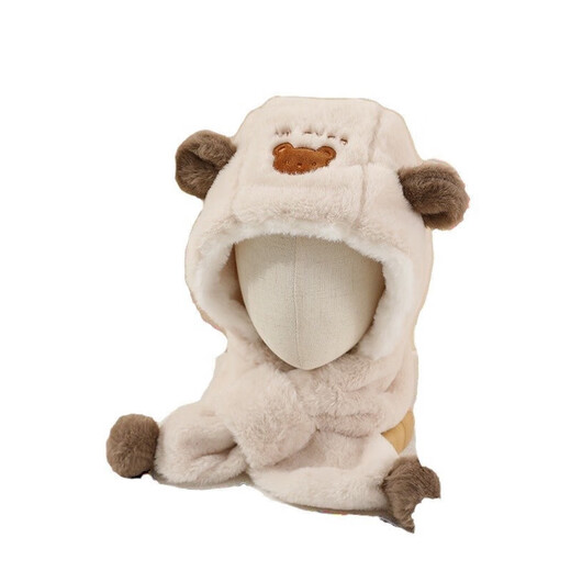 Children's hat, scarf, all-in-one hat, autumn and winter style, cute bear, warm and thickened plush hat, ear protection hat for male and female babies, beige, hat circumference 45-53cm/reference month - 8 years old and 6 pieces
