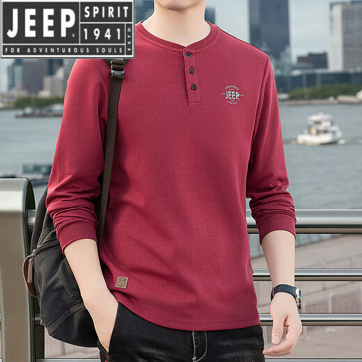 JEEP SPIRIT cotton long-sleeved T-shirt men's spring and autumn versatile casual loose large size T-shirt Henry collar sports sweatshirt trendy black XL (recommended 145-165Jin Jin equals 0.5 kg)