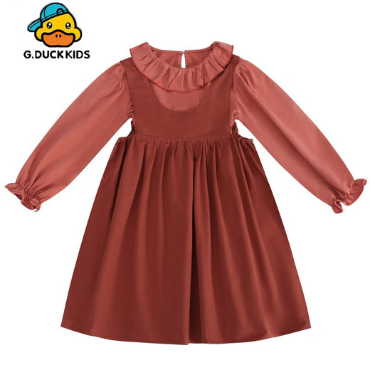 G.duck Girls' Dress Autumn Suit Western Style Children's Princess Dress Spring and Autumn Big Children's Suspender Skirt Two-piece Set MG-Flower Collar Suspender Skirt Suit-Coffee Color 150 Recommended Height 140cm