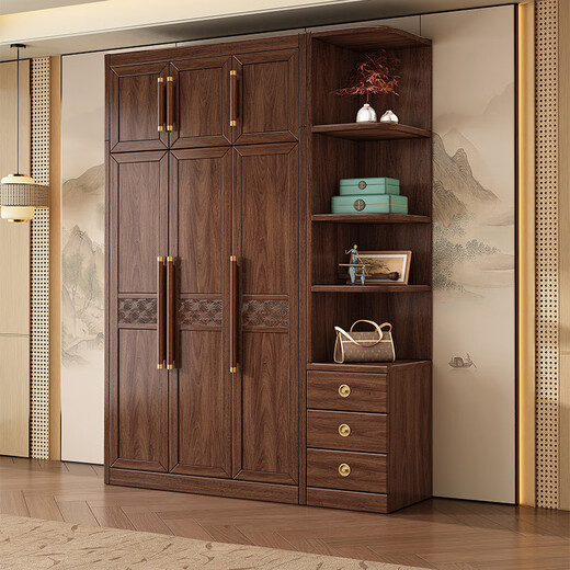 Caibaimu Wardrobe New Chinese Solid Wood Wardrobe with Side Cabinet Black Walnut Wardrobe Bedroom Household Clothes Storage Hanging Wardrobe Five-Door Wardrobe Assembly