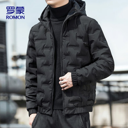 ROMON down jacket men's winter outdoor warm hooded versatile casual high-end jacket top men's 886 black XL