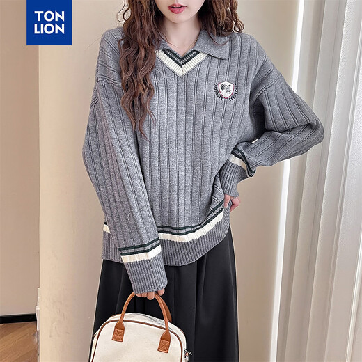 TonLion 2025 Autumn and Winter Retro College Style Lapel Design Pullover Women's Medium Gray S