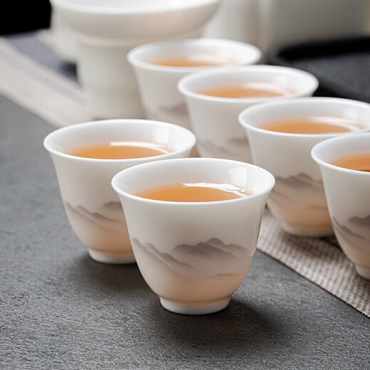 Suet-fat jade white porcelain Kung Fu tea set for home office light luxury high-end teapot covered bowl teacup gift set 15-head ink landscape Xishi teapot complete set