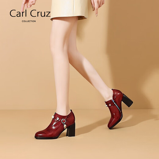 Carl Cruz时尚深口单鞋女2024秋季新款百搭尖头女鞋皮鞋高跟鞋气质及裸靴女 酒红色皮里 预售 37 235mm