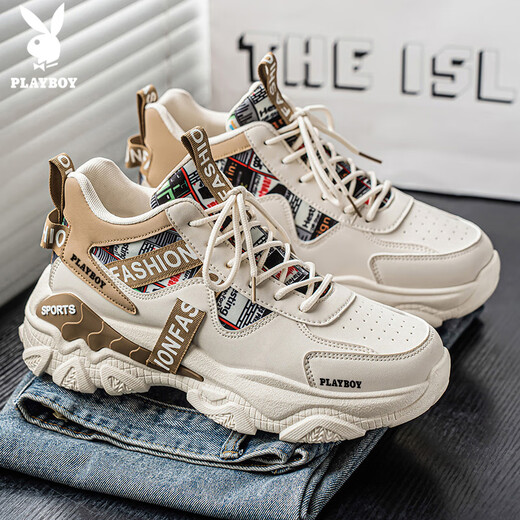 Playboy (PLAYBOY) dad shoes men's shoes 2025 autumn and winter casual shoes men's thick-soled high-top fashion sneakers trendy beige 42