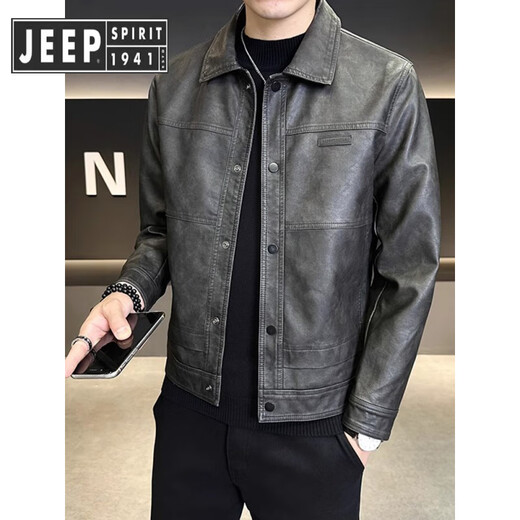 JEEP SPIRIT Jeep American fashion brand leather jacket men's autumn and winter 2025 new velvet thickened retro trendy motorcycle leather coffee color regular XL 125-145Jin Jin equals 0.5 kg
