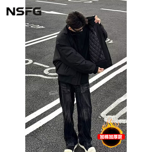 NSFG American bomber jacket autumn men's bomber winter shoulder workwear short cotton thickened baseball uniform black cotton style XL (145-165Jin Jin equals 0.5kg)