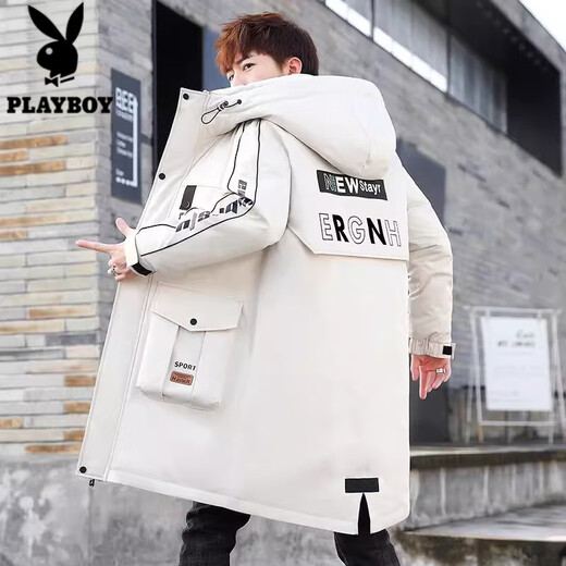 Playboy (PLAYBOY) mid-length down jacket men's new winter trend Korean down jacket youth winter warm jacket 829 beige 2XL 140-155Jin Jin equals 0.5 kg