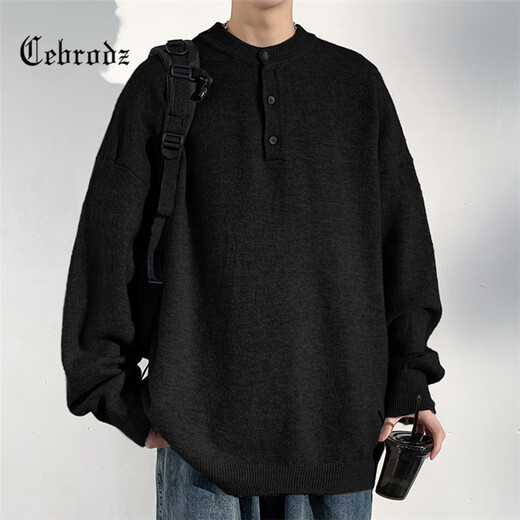 Cebrodz French sweater men's autumn and winter new Henry collar bottoming shirt old money style long-sleeved pullover loose casual clothes light gray L