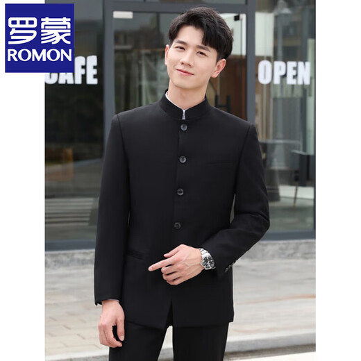 ROMON high-end Chinese tunic suit suit men's youth slim-fit stand-up collar suit Chinese style wedding dress Chinese style Tang suit Chinese stand-up collar black top + pants XL 180 weight 135-155 Jin Jin equals 0.5 kg