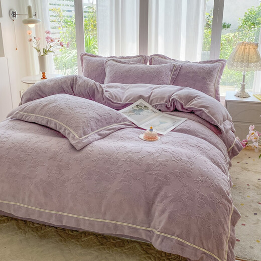 Violet (Violet) new type A carved milk velvet four-piece set high-density short-hair baby velvet coral velvet quilt cover sheet sheet bed sheet style 1.5 four-piece set-quilt cover 200cm*230cm