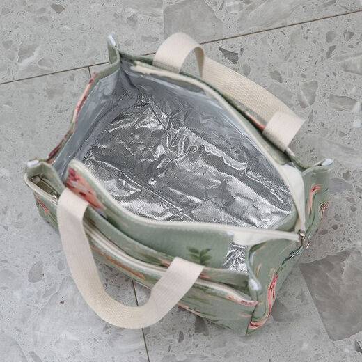 Canvas bag, thickened and sturdy handbag, portable zipper for going out, portable aluminum foil insulation layer, lunch box bag, lunch bag, green flower handbag + thermal insulation