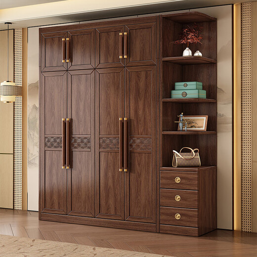 Caibaimu Wardrobe New Chinese Solid Wood Wardrobe with Side Cabinet Black Walnut Wardrobe Bedroom Household Clothes Storage Hanging Wardrobe Five-Door Wardrobe Assembly