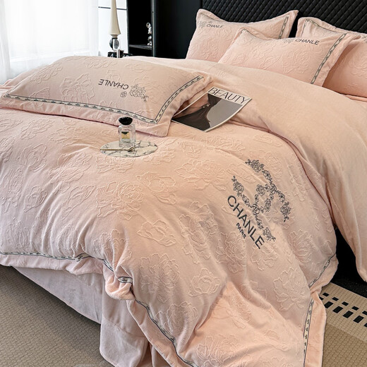 Mercury Series Home Textiles Category A Maternal and Infant Grade Full Matte Milk Velvet Four-piece Set Winter Thickened Small Fragrance Quilt Cover Baby Velvet Pink Bedding Small Fragrant Peony-Fruit Green Sheet Style 1.8m Four-piece Set/Quilt Cover 2.0x2.3m