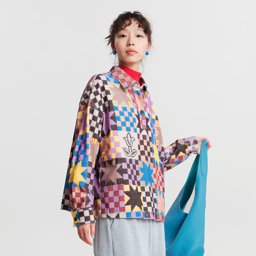 MOVEUP 2025 winter new style. FUN series pure cotton half-door tube interesting printed short shirt for women Peach Pink S