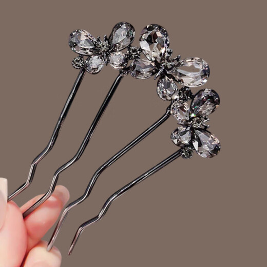 Butterfly rhinestone hair comb for lazy people, high-end exquisite hairpin, temperament, round head, four-tooth hair comb, headdress, butterfly gray + pearl gray 2 pieces