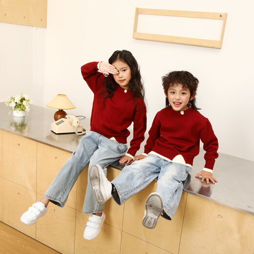 Little Bear Elf (xiaoxiongjingling) parent-child outfit family portrait red sweater New Year autumn and winter new style mother-daughter outfit for a family of three or four fake two-piece knitted sweater burgundy single sweater 110 children's size 110 (recommended height 105-115cm)