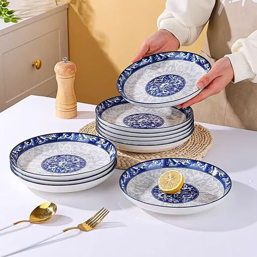 Household Internet celebrity high-looking ceramic tableware underglaze blue and white tableware green branches and jade tableware set 8-inch plate 1 piece