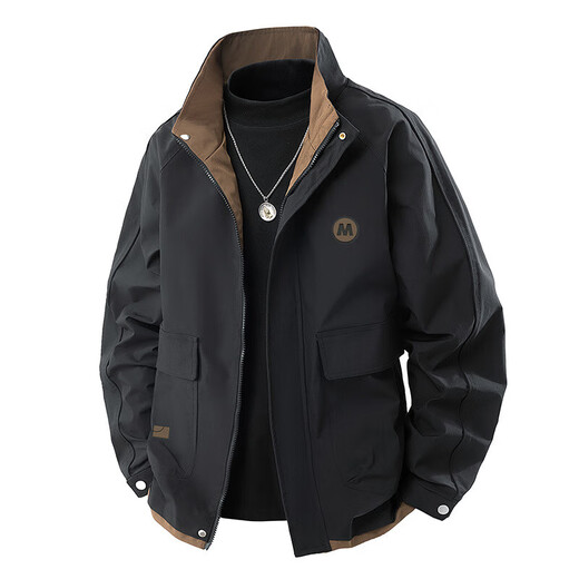 Men's coat spring and autumn new trendy brand stand collar jacket clothes men's zipper trendy casual outer wear autumn top black regular original high quality 3XL recommended 160-180Jin Jin equals 0.5 kg