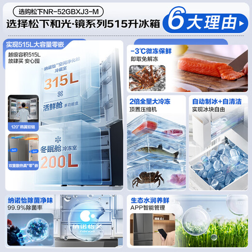 Panasonic Waguang Mirror 515L French multi-door mirror refrigerator household ultra-thin zero-embedded automatic ice making first-class energy efficiency trade-in NR-52GBXJ3-M national subsidy