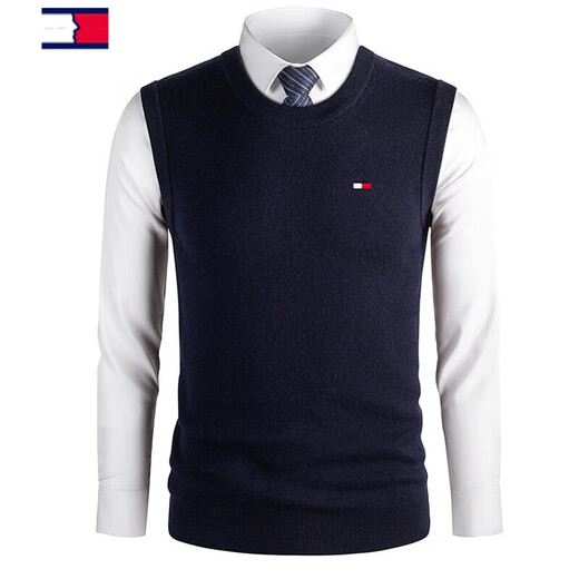 TOME BORNEKTomm Tommy men's wool vest autumn and winter round V-neck vest sweater thickened warm sweater vest navy blue V-neck L 175