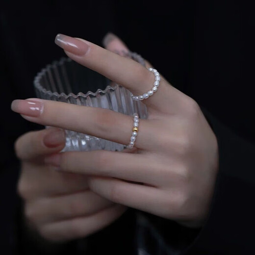 Zhuji Freshwater Nuclear Pearl Transfer Ring Women's Millet Bead Elastic Index Finger Ring High-end Light Luxury Holiday Gift Natural Pearl Transfer Ring About 6cm