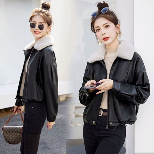 Playboy (PLAYBOY) brand Haining genuine leather jacket for women 2025 spring, autumn and winter new small fur one-piece fur jacket black velvet lining + detachable fur collar L Recommended 110-120 Jin Jin equals 0.5 kg