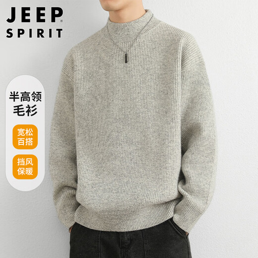 JEEP SPIRIT Jeep half-turtleneck sweater for men in autumn and winter trendy brand sweater for men with loose inner sweater, light gray XL