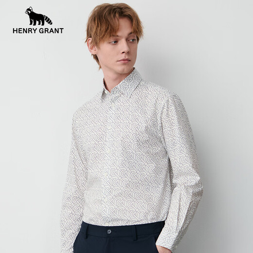 HENRY GRANT Henry Grant Red Panda Autumn and Summer Fashion British Casual Printed Long-Sleeved Shirt Presbyopic Logo White Shirt Men White 46 (170/88A)