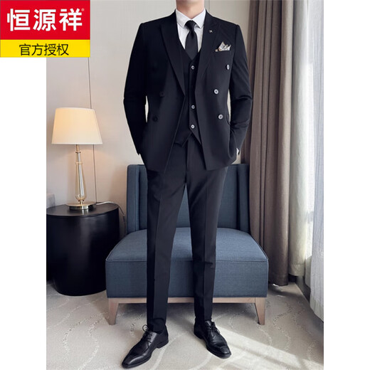 Hengyuanxiang Men's Suit Suit 2025 Autumn New Black Formal Groom Wedding Double-breasted Suit Jacket Three Pieces Black Suit + Pants + Vest Tie M 90-110Jin Jin is equal to 0.5 kg