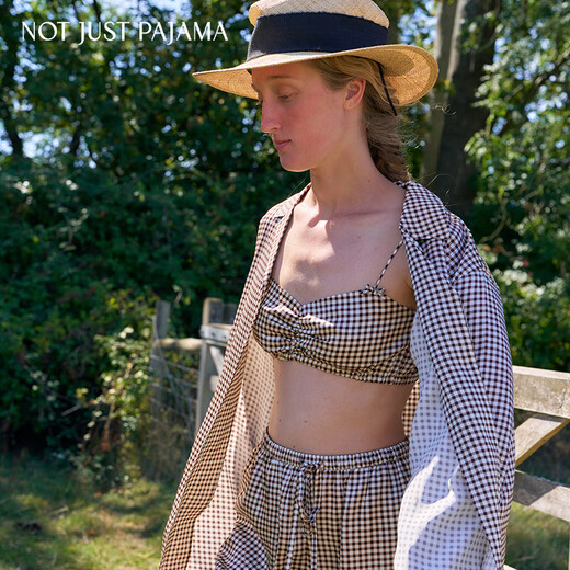 Not Just Pajama British ranch series silk brown plaid printed tube top shorts boyfriend shirt plaid tube top S