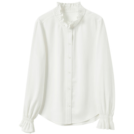 Sancai 2025 new winter style loose shirt with fungus edge stand collar long-sleeved top for commuter women Yunduo White S 155/80A