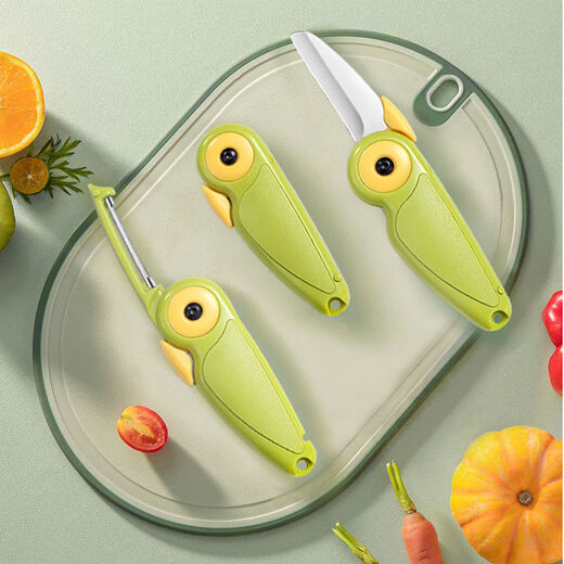 2-in-1-Obstmesser, das in Hochgeschwindigkeitszügen und Flugzeugen verwendet werden kann, kreativer tragbarer Zug-Edelstahlschäler für Geschäftsreisen, 2-in-1-Doppelkopf-Melonen- und Obstmesser, 1 Packung