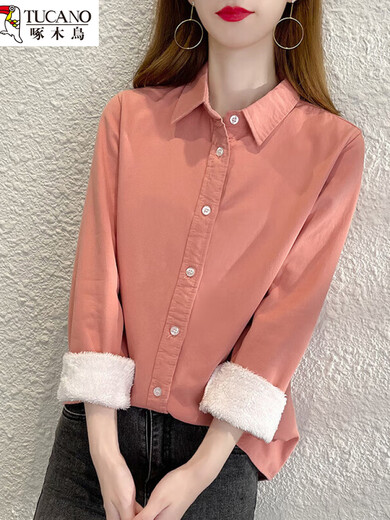 Woodpecker velvet shirt for women 2026 autumn and winter new casual fashion thickened warm and cotton inner with integrated velvet bottoming top blue M