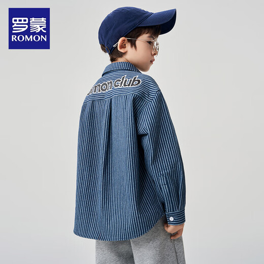 Romon Boys Striped Shirt New Fashionable Children's Autumn and Winter Jacket Trendy Handsome Spring and Autumn Thick Shirt Blue 140