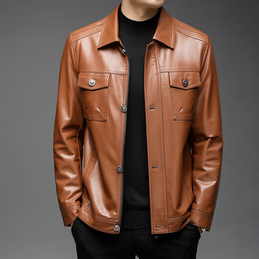 Playboy (PLAYBOY) Haining leather jacket for men with autumn and winter plus velvet warm jacket slim short leather breathable daddy installs motorcycle versatile jacket black thin L 175