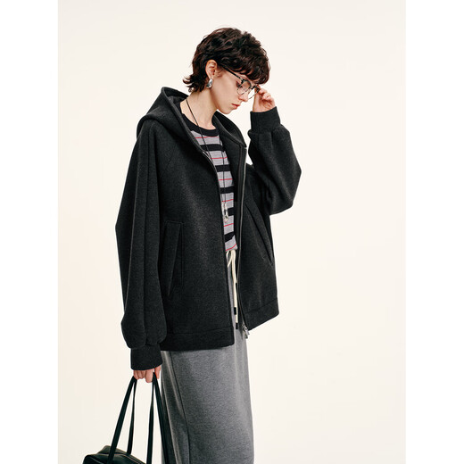 COKEYA/Constant temperature small heater hot melt Cornelli hooded double zipper casual sweatshirt fashion jacket top women autumn and winter dark gray (heating constant temperature) L