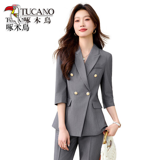Woodpecker Summer Business Suit Suit Women's Thin Interview Formal High-end Mid-Sleeve Suit Jacket Temperament Work Wear Black Suit + Black Formal Pants L